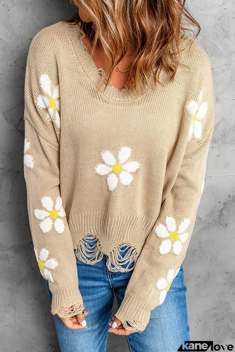 Khaki Daisy Pattern Knit Distressed Sweater