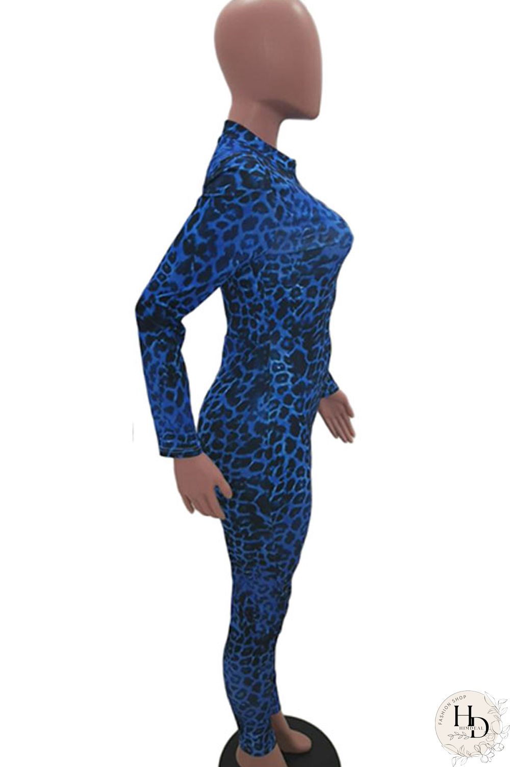 Blue Sexy Print Polyester Long Sleeve O Neck Jumpsuits