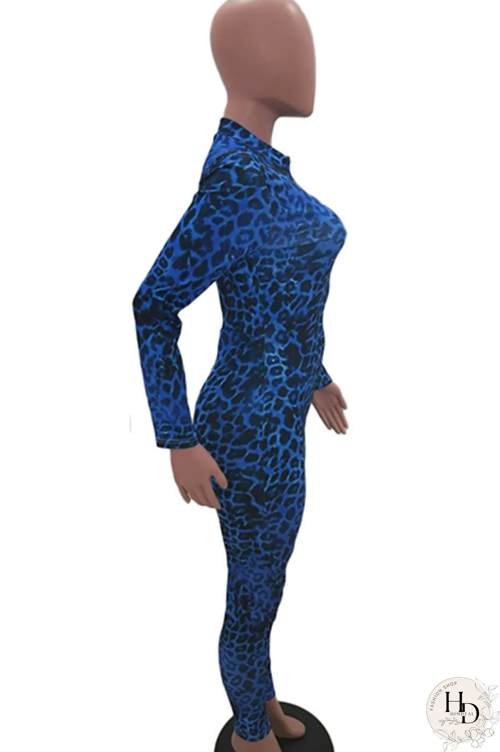 Blue Sexy Print Polyester Long Sleeve O Neck Jumpsuits