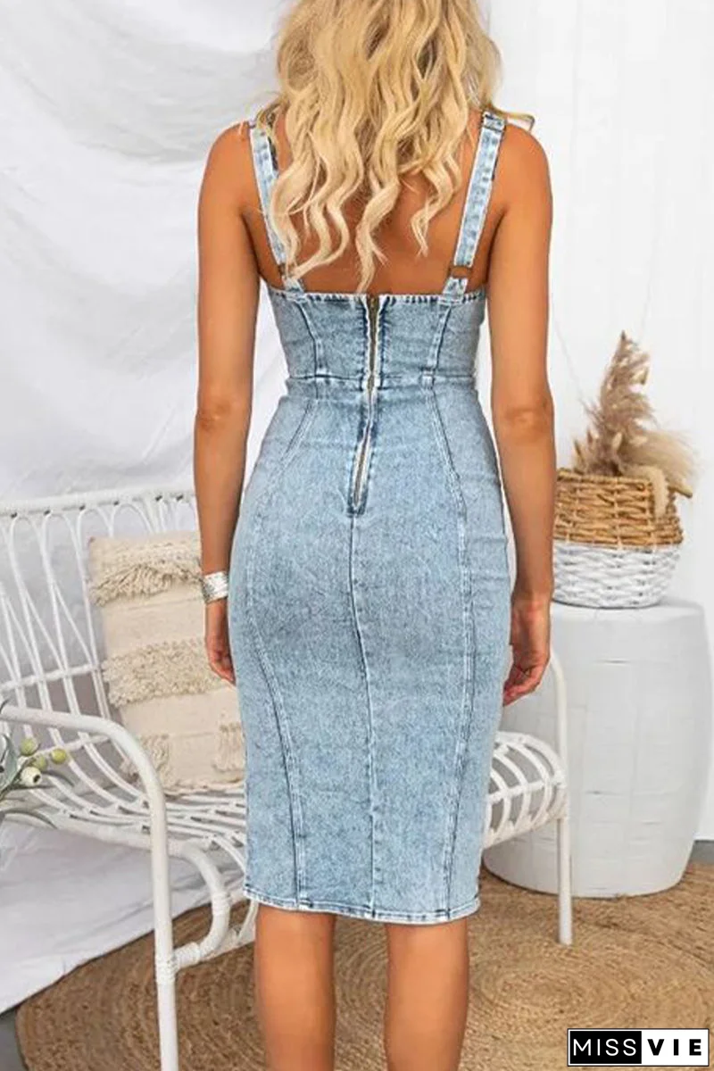Sexy Solid Slit U Neck Sleeveless Regular Denim Dresses