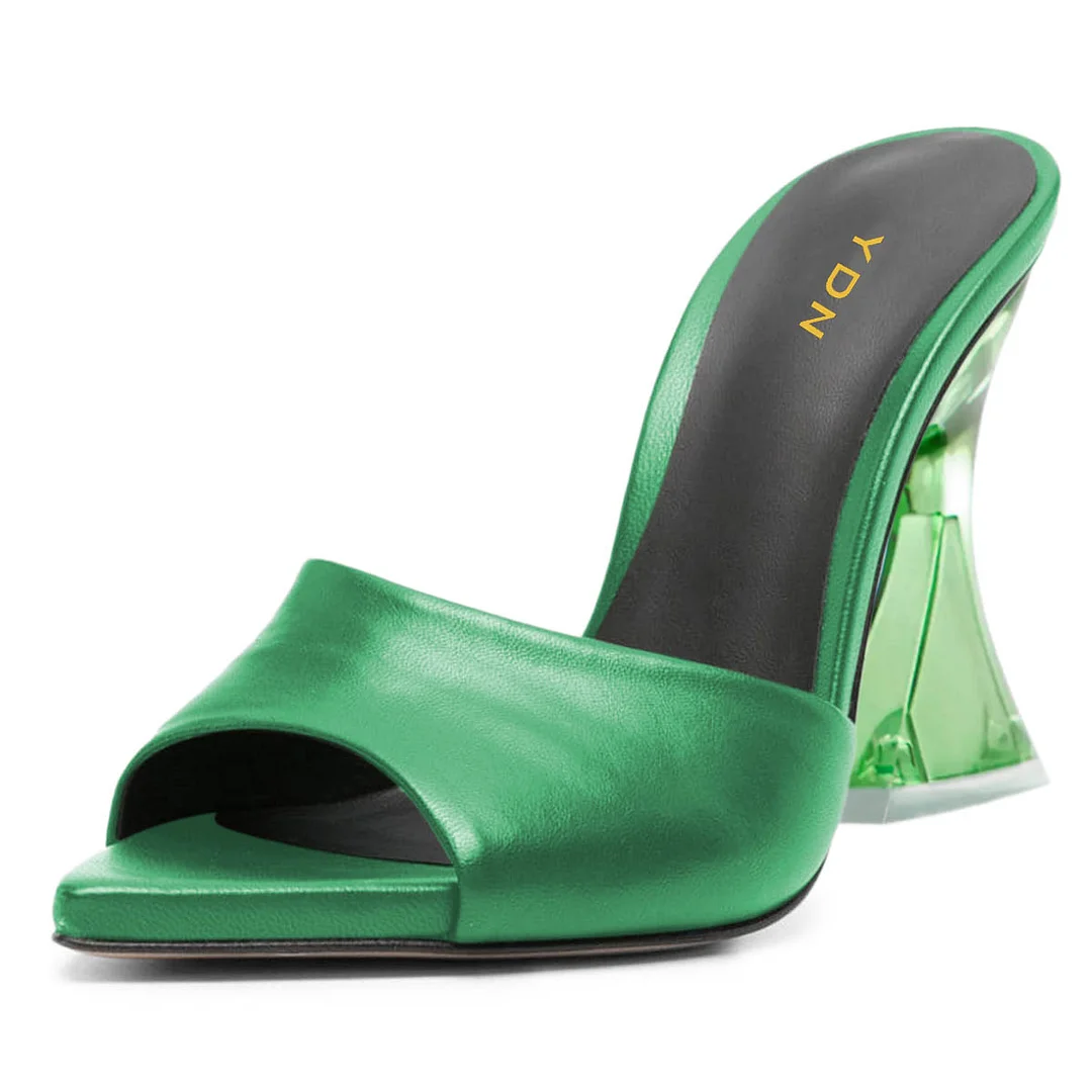 Green Vegan Leather Open Toe Clear Flared Heel Mules Sandals