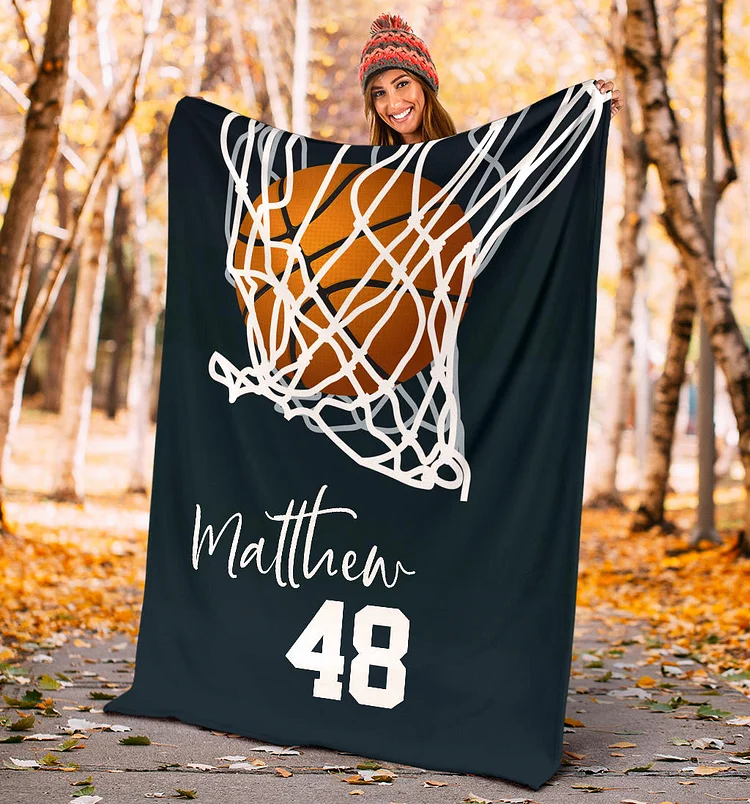 Basketball Boy Sherpa Fleece Blanket, Custom Name Number Soft Cozy Blanket | BKKid698