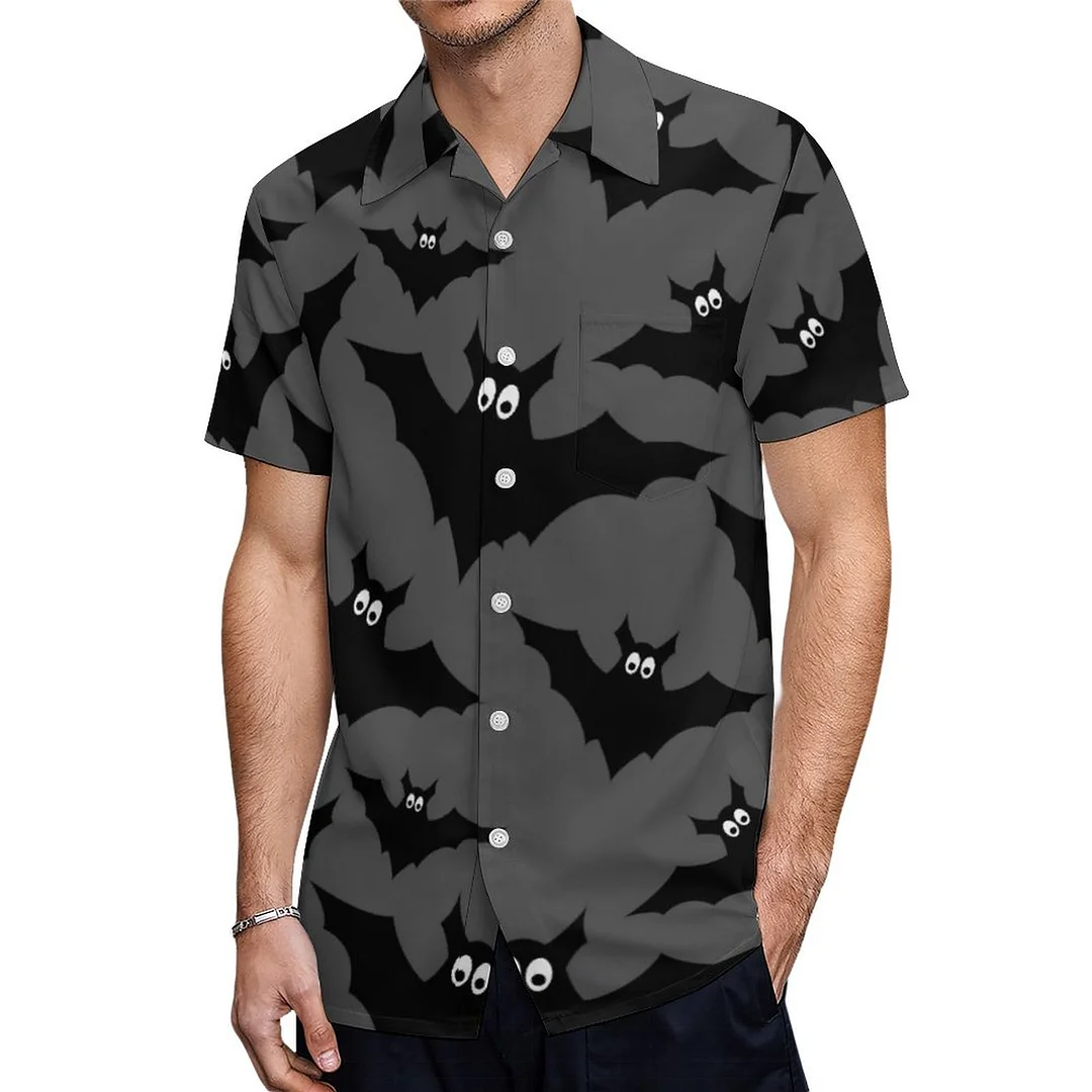 Cool Gray Black Flying Bats Halloween Hawaiian Shirt Mens Button Down Plus Size Tropical Hawaii Beach Shirts