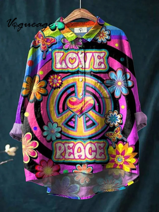 Colorful And Fashionable Peace Love Flowers Print Cotton And Linen Shirt
