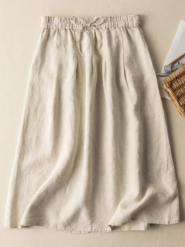 Loose Vintage Plain Linen Drawstring Skirt