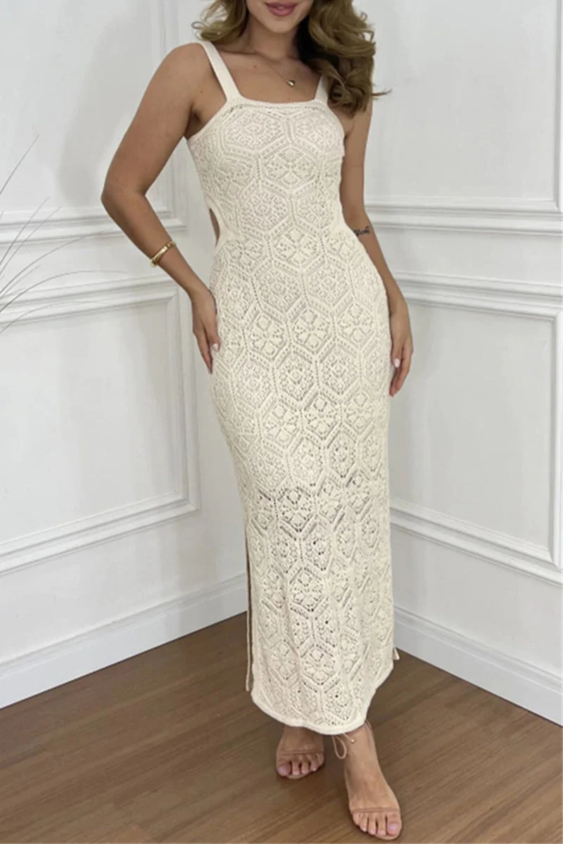 Hollow Out Slit Square Neck One Step Skirt Dresses