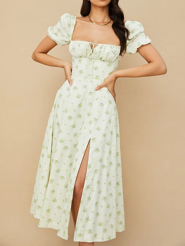 Jacqueline 2022 Puff Sleeve Midi Floral Dress Women Retro Elegant Sexy Split Sundress Casual Ruched Drawstring Dresses Summer