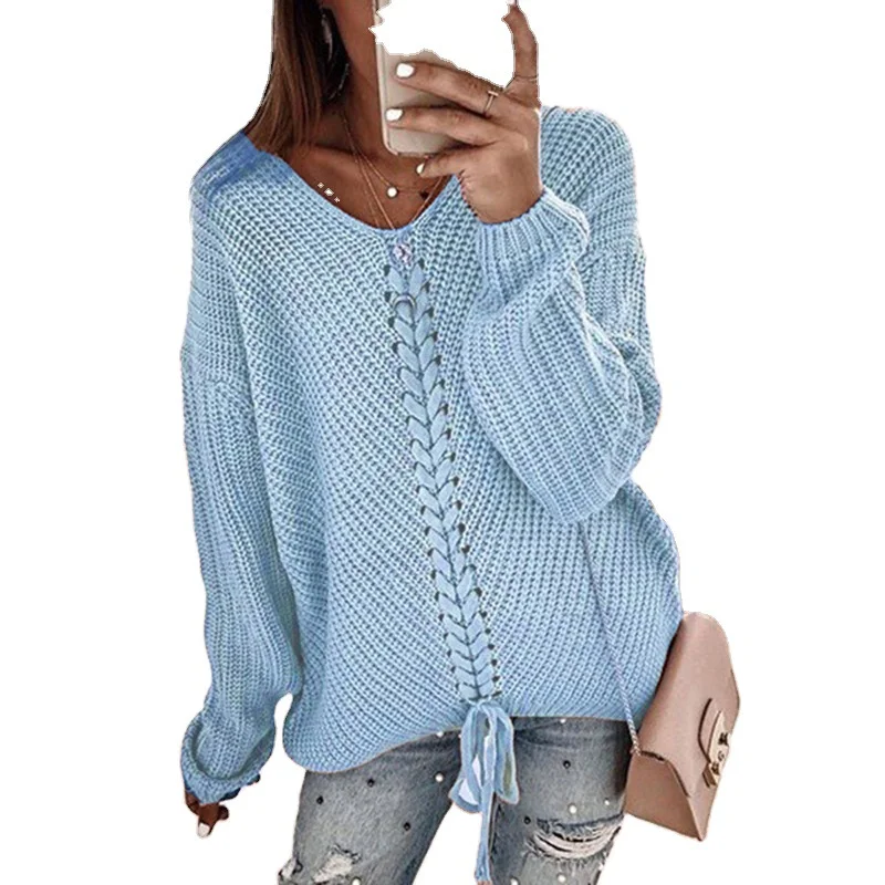 Wongn Wongn New Women Long Sleeves Loose V Neck Rope Exposed Back Jumper Knit Sweater Women's Clothing