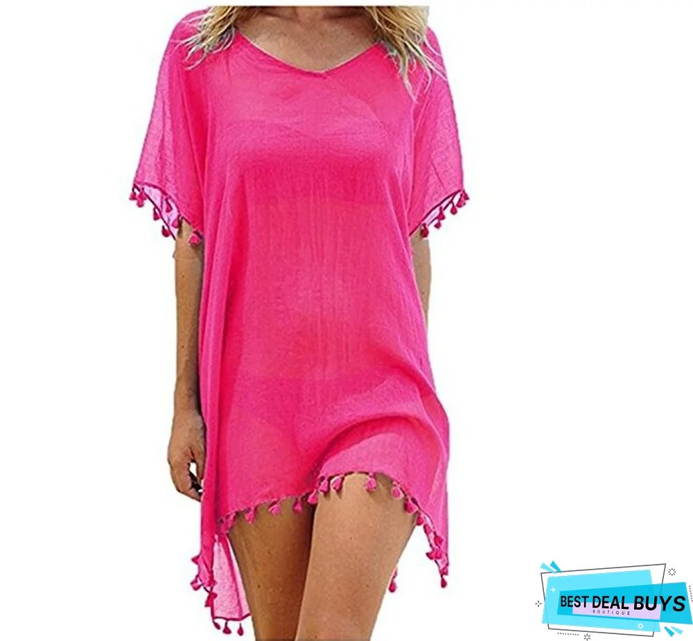 Round Neck Chiffon Tassel Dress Plus Size Loose Beach Blouse