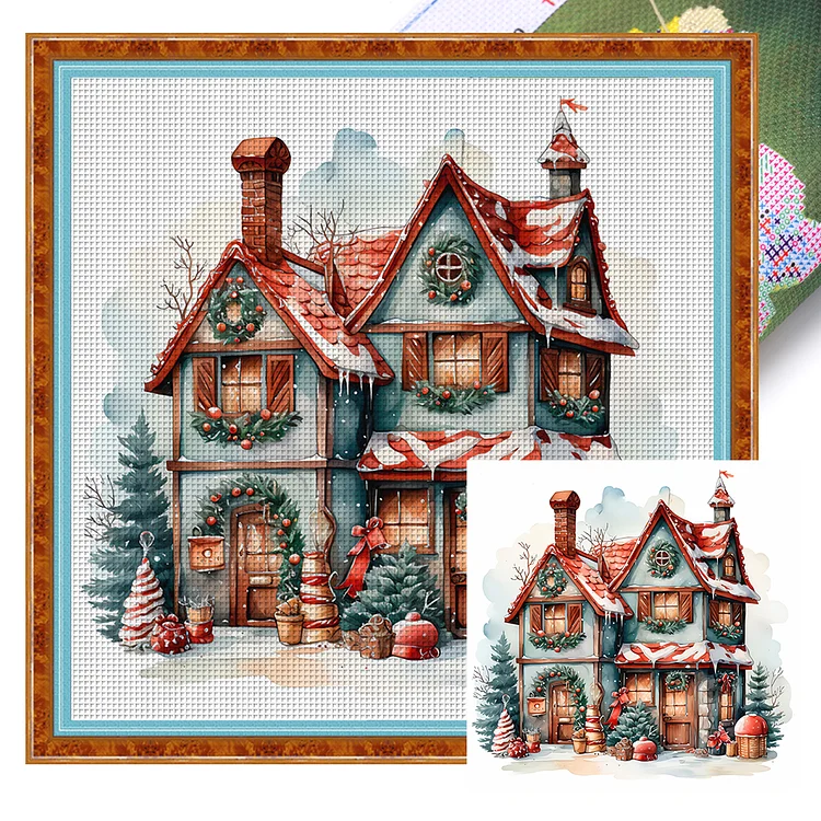 【Huacan Brand】Retro Christmas Cabin 11CT Stamped Cross Stitch 50*50CM
