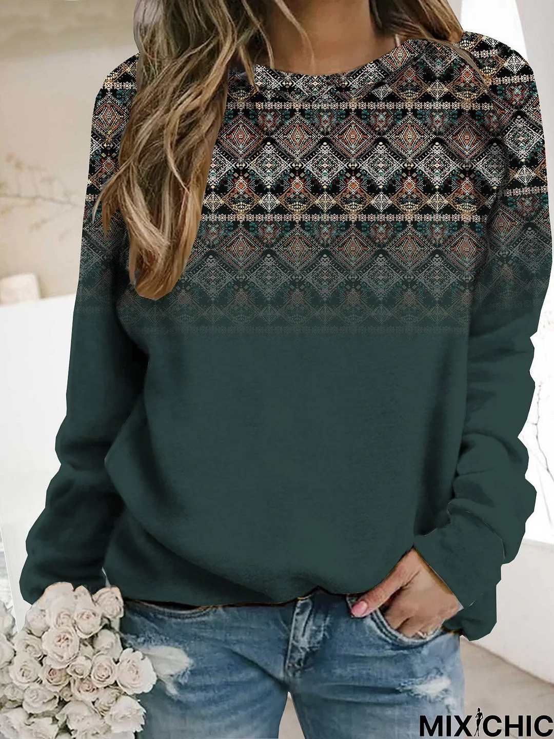 Casual Crew Neck Ethnic Sweatshirt