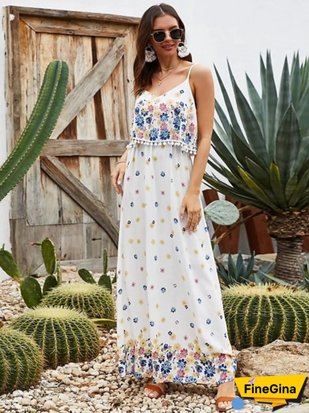 Women's Strap Dress Maxi long Dress Sleeveless Floral Summer Elegant White S M L XL XXL White Dresses