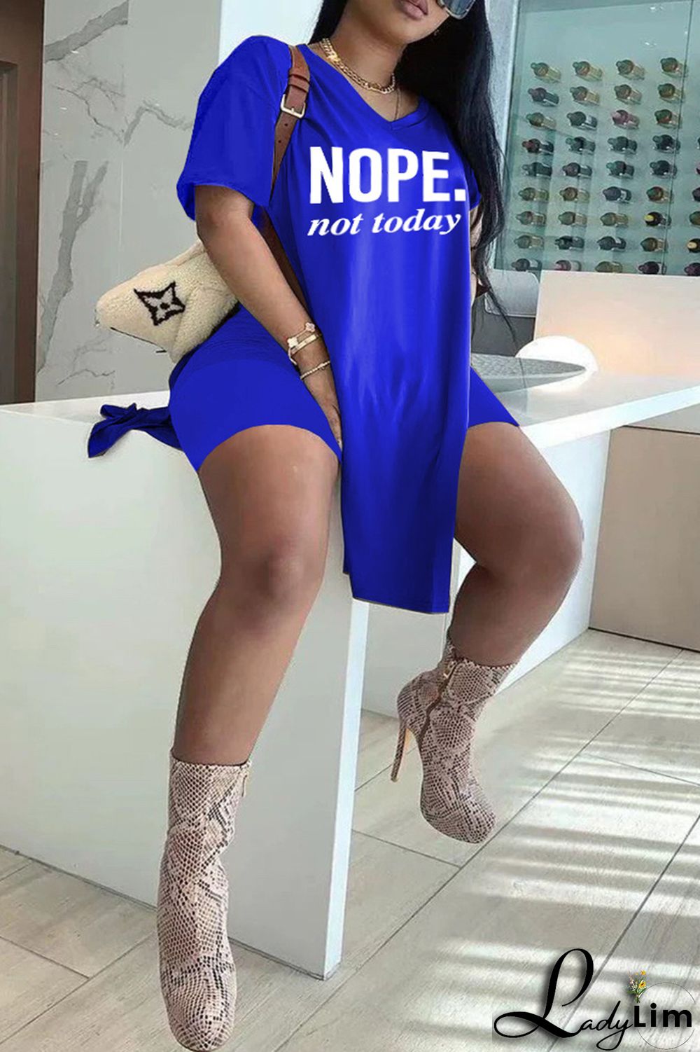 Blue Fashion Casual Letter Print Slit V Neck Plus Size Two Pieces