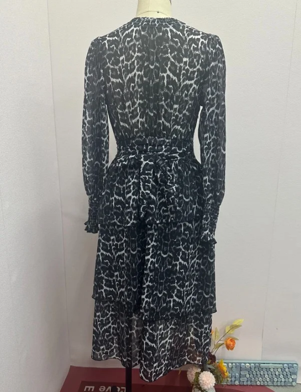 Ueong Ueong 2024 New Women's Fashion Print Round Collar High-Waist Chiffon Long-Sleeved Dress