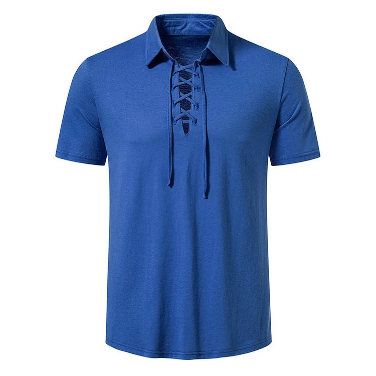 BrosWear Men's Henry Neck Lace Casual Beach Short Sleeve Polo Shirt
