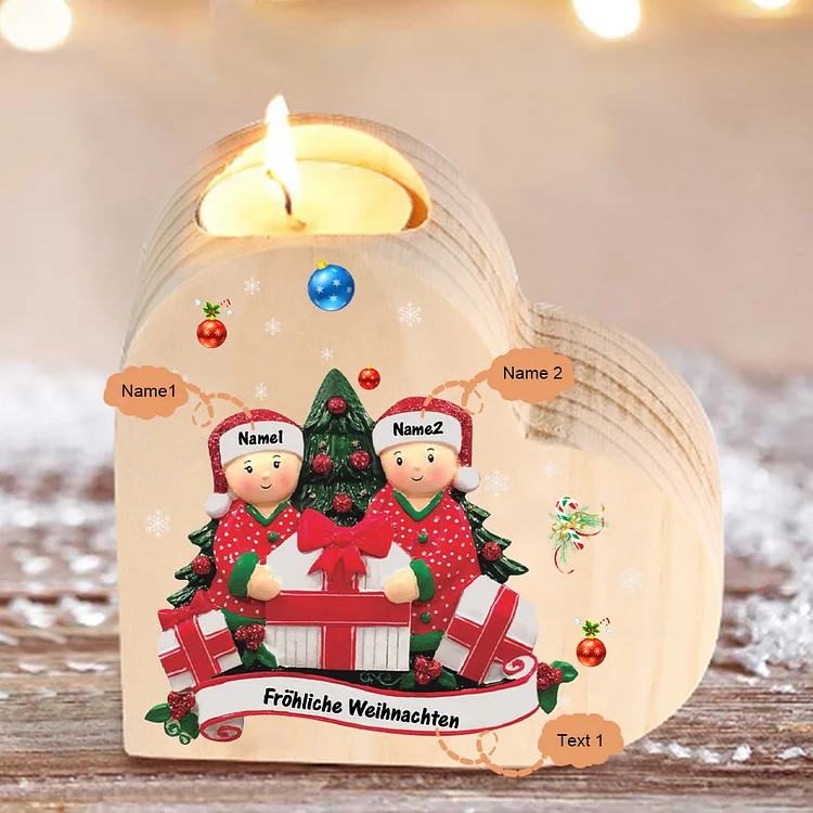 Herzform Kerzenhalter Personalisierte 2 Namen & Text Weihnacht Thema mit 2 Familienmitgliedern