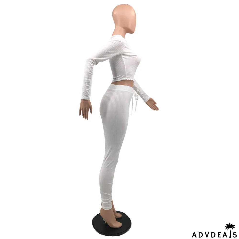 Women's Solid Color Sexy Ribbed V-Neck Two Piece Set