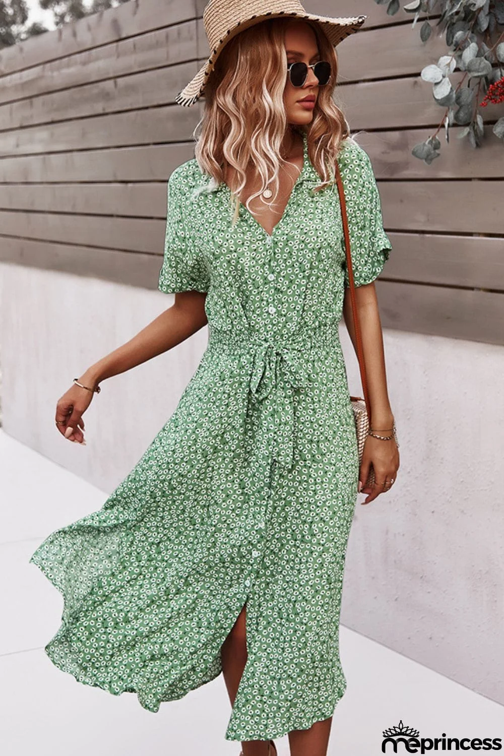 Floral Tie Front Slit Dress