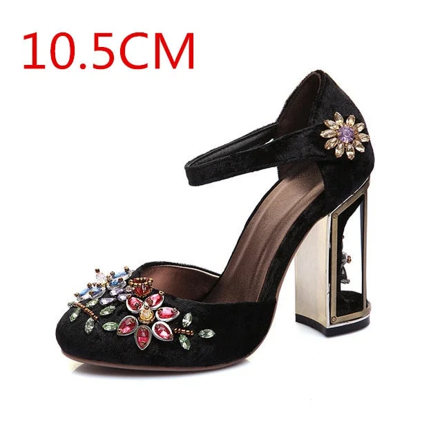 Autumn Crystal Flower Mary Janes Women Pumps Shoes Woman Sandals Strange High Heel Party Shoes Handmade Rhinestone Wedding Shoes