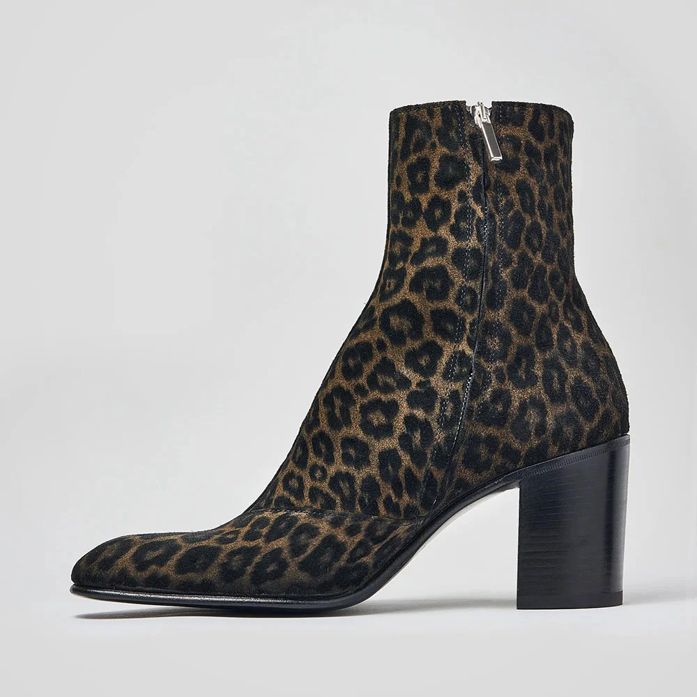 Black & Tan Leopard Pattern Chunky Heel Boots with Ankle Length