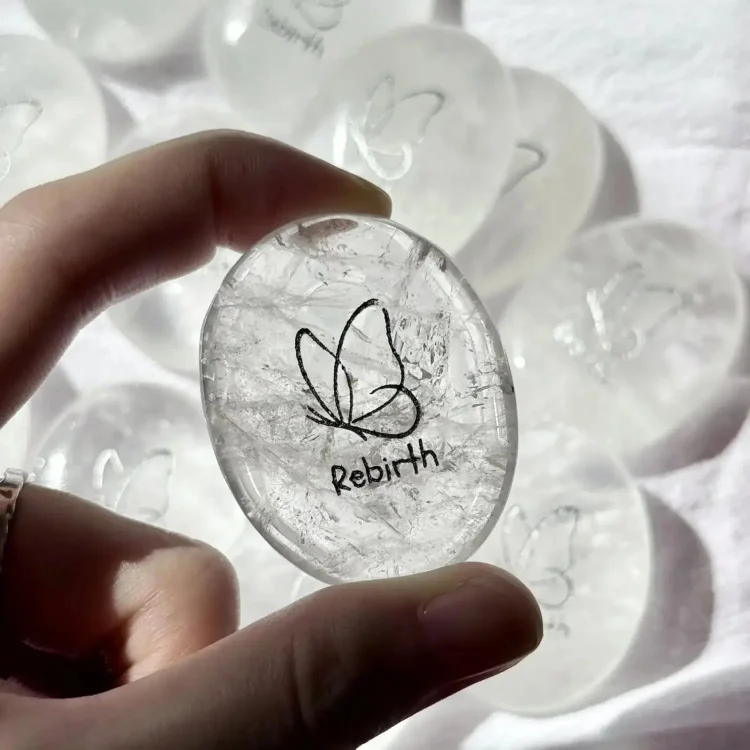 Clear Quartz Worry Stone &ldquo;Rebirth&rdquo; Butterfly Engraved Palm Stone