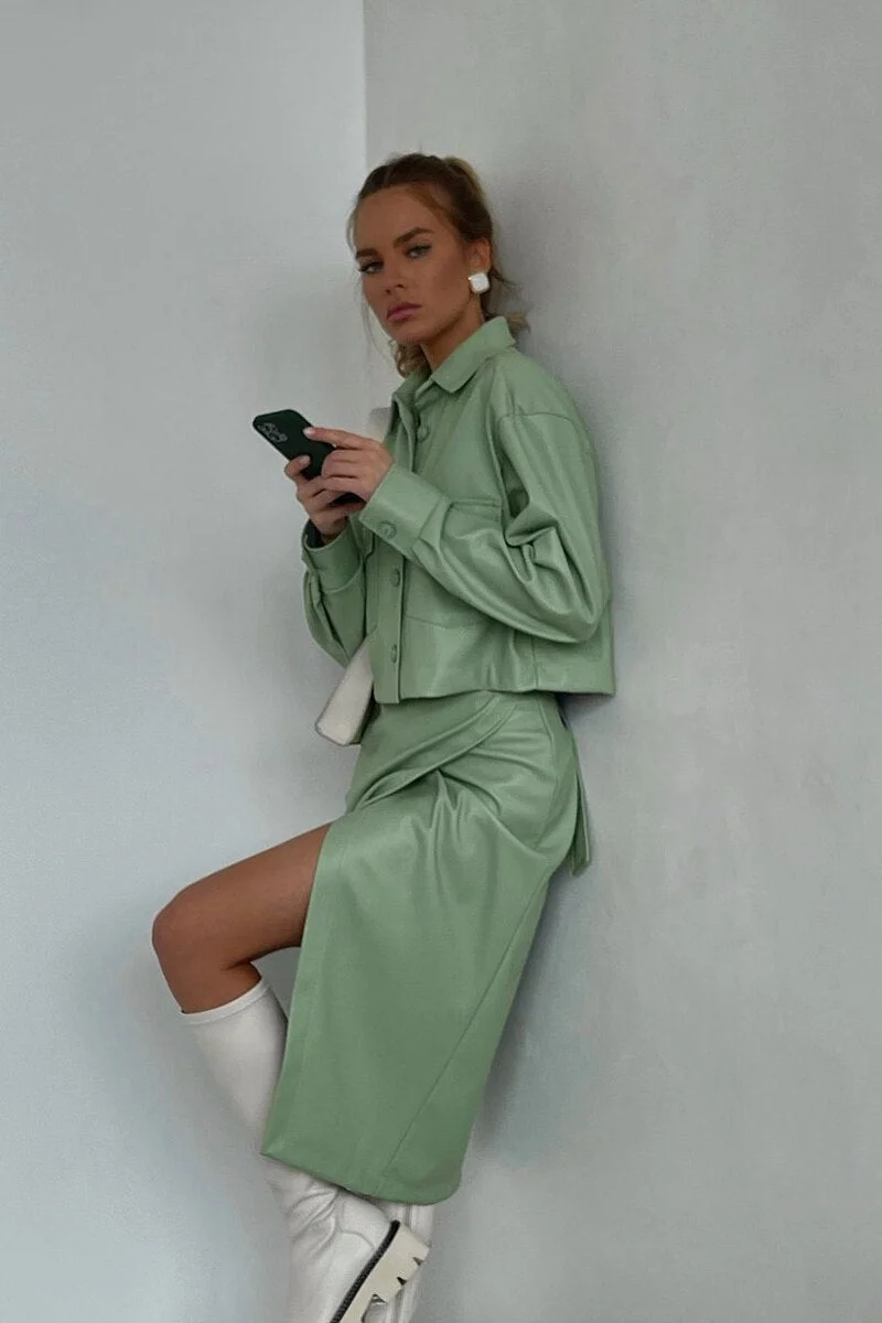 WannaThis Fashion Faux Leather Women Suit Turn Down Collar Button Crop Coat Top High Waist Split Midi Skirt Fall Two Piece Set