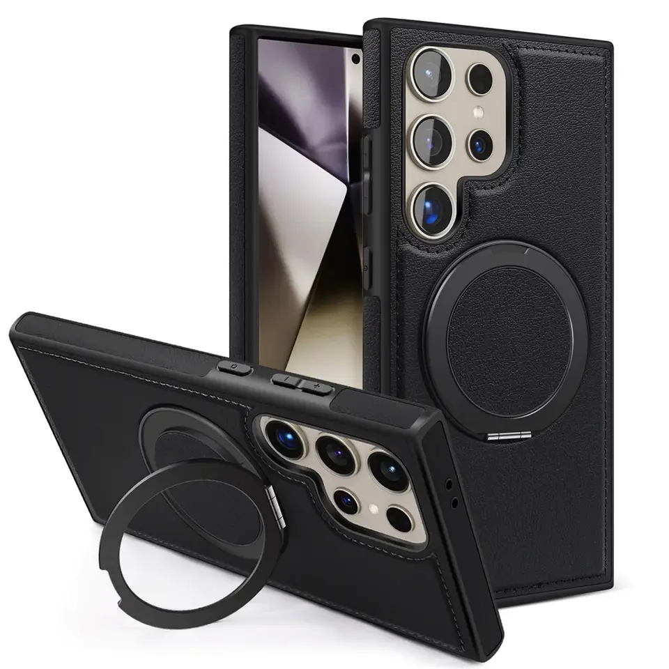 Business Leather Rotating Bracket Case For For Samsung Galaxy S25 S24 Ultra Magsafe Magnetic Matte Cover