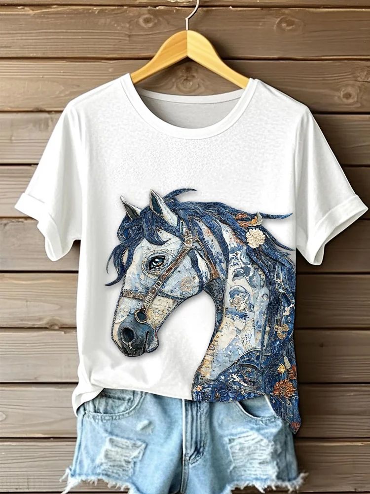 Utbros Women's Denim Horse With Floral Portrait Print Short Sleeve Casual T-shirt