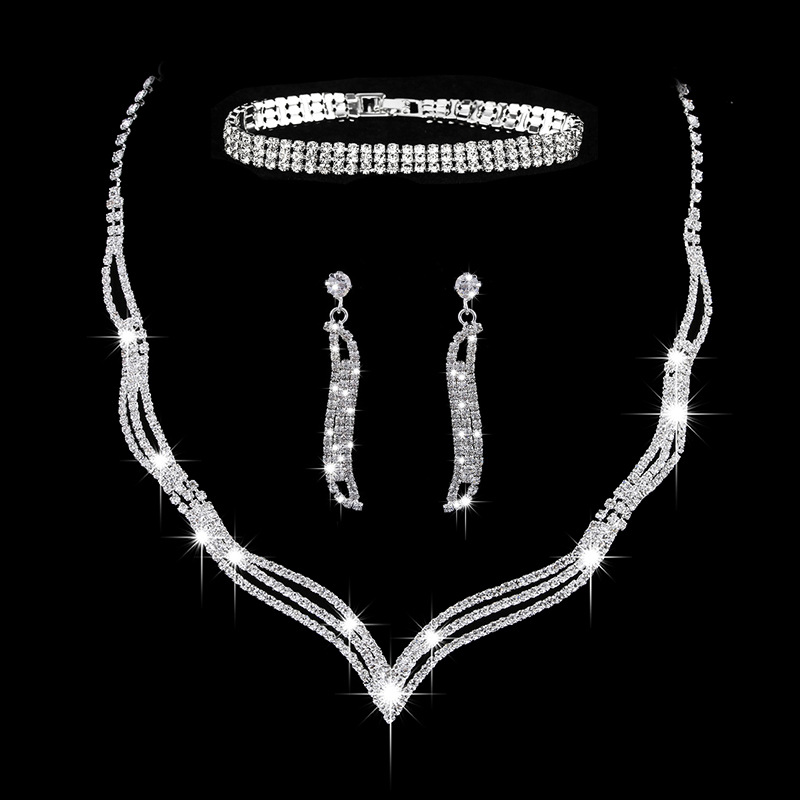 Wedding White Shiny Rhinestone Chain Three Piece Jewelry Set 2024 - Flycurvy 