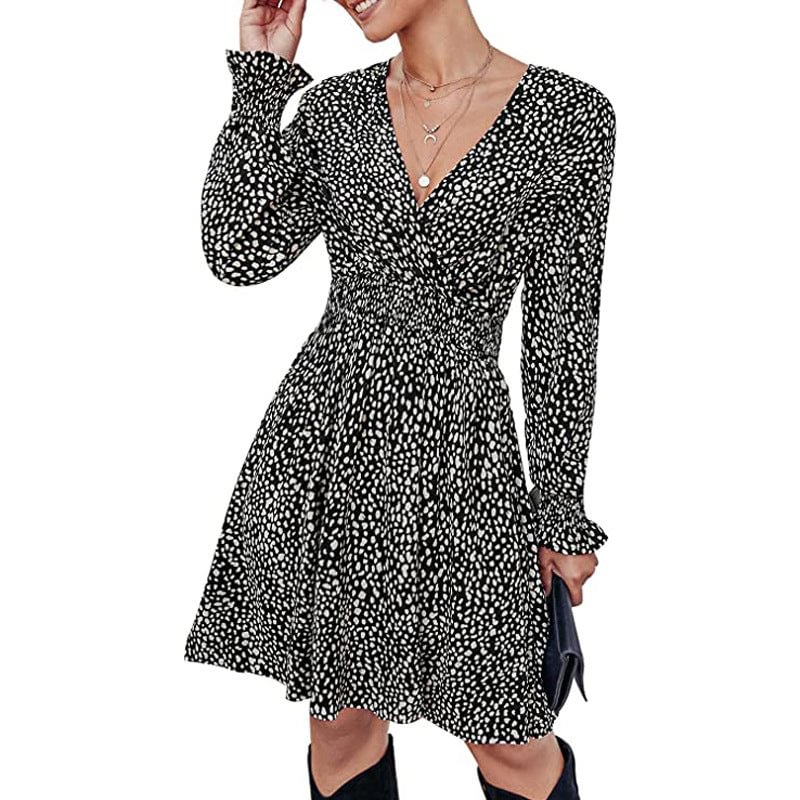 Women's V-neck Printed Casual Ladies Dress Leopard A- Line Skirt