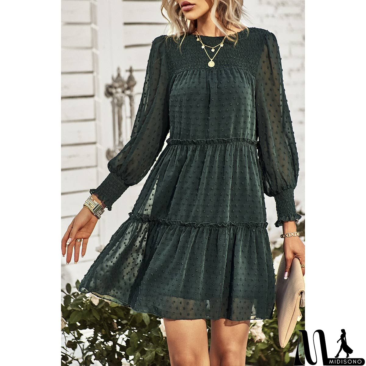 MidiSono - Dot Solid Ruched Color Block Ruffle Lined Midi Dress