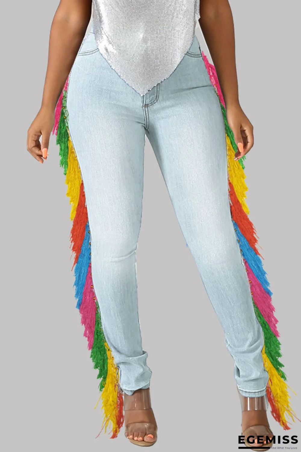 Light Blue Casual Street Solid Tassel Patchwork High Waist Skinny Denim Jeans | EGEMISS