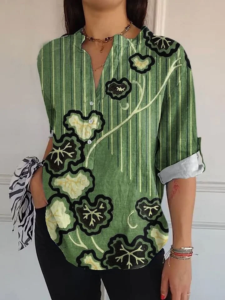 Women's Retro Floral Colorful Print Casual Long Sleeve Comfortable Cotton Shirt