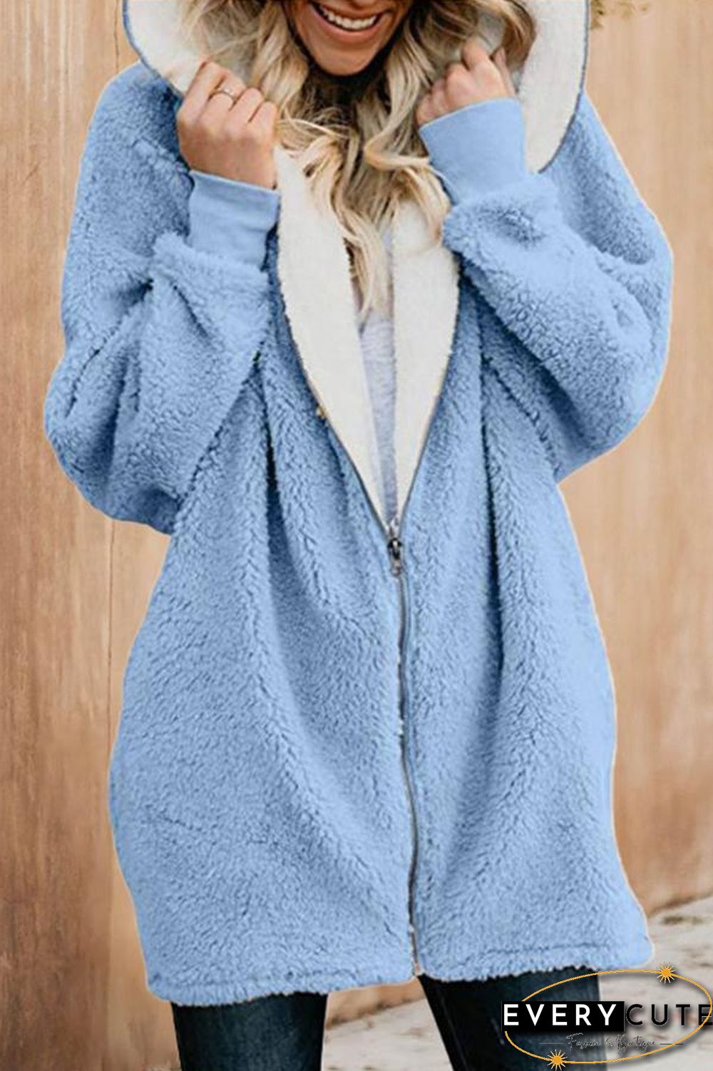 Fluffy Solid Color Hooded Coat P12047