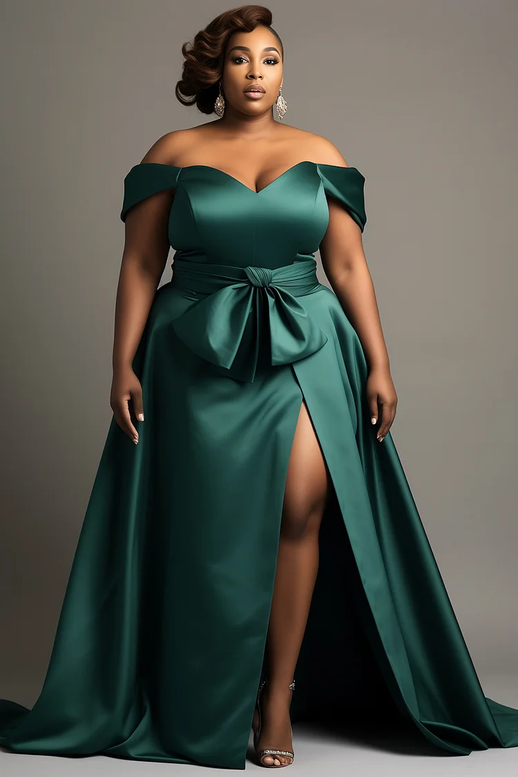 Xpluswear Design Plus Size Evening Gowns Emerald Green Off The Shoulder Split Wrap Satin Maxi Dresses [Pre-Order] 2024 - Xpluswear