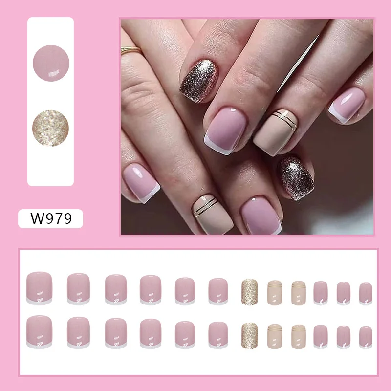 Churchf Churchf Simple French Nail Champagne Flash Pink Gold Foil Pearl Fake Nails Ins Wind Wear Armor