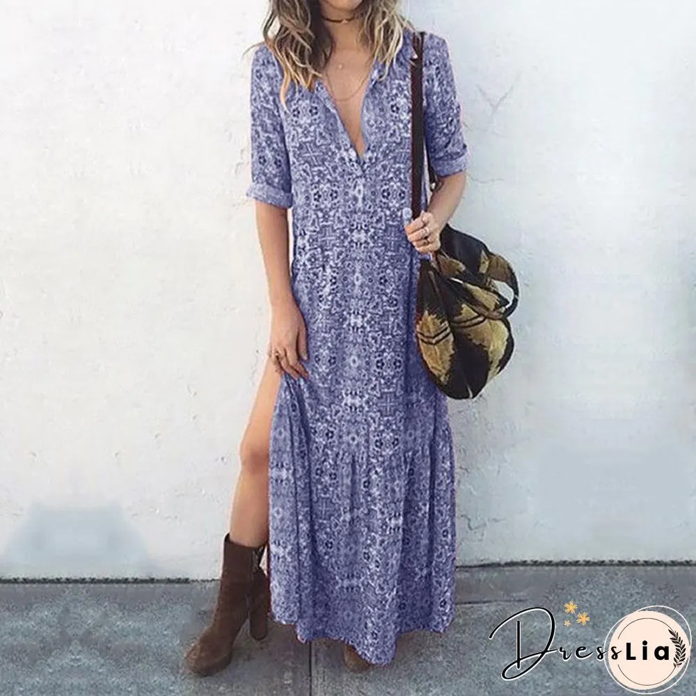 Women V-Neck Printed Split Skirt