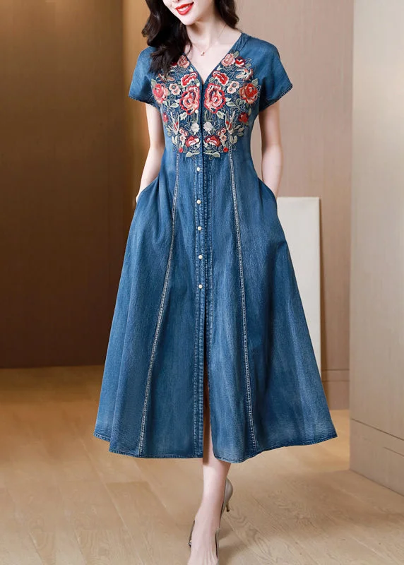 New Blue V Neck Embroideried Patchwork Denim Dress Summer