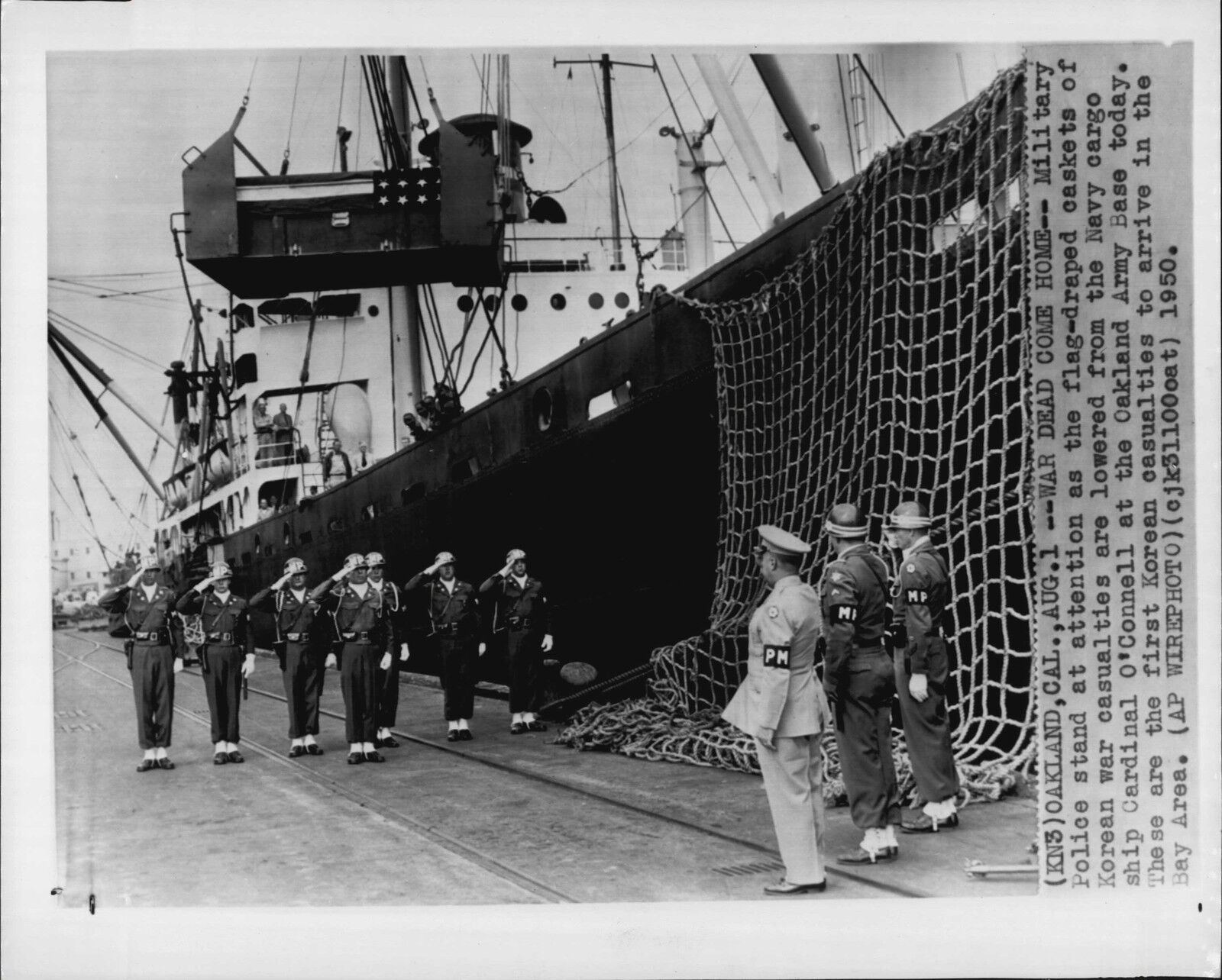 US Navy Lowers Flag Covered Caskets in Oakland 1950 Korea War Press Photo Poster painting