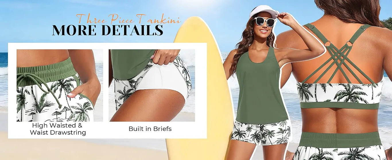 3 piece open back tankini swimsuit bathing  suit shorts