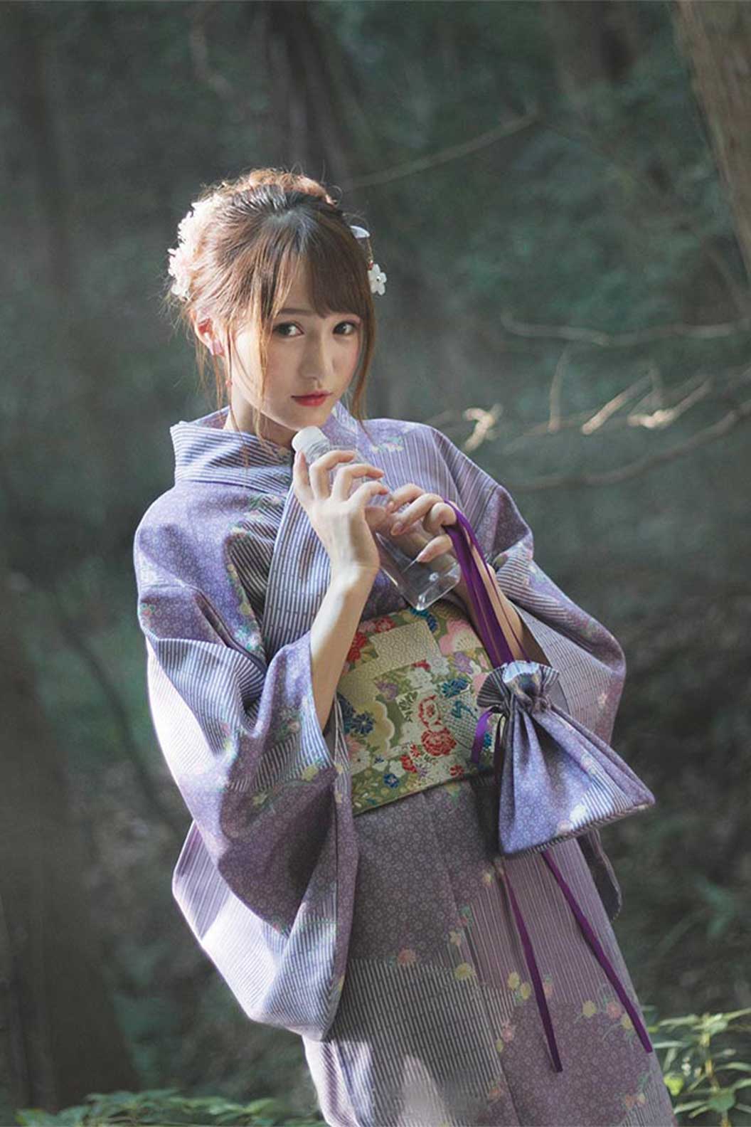 Yukata Kimono Purple Stripes Kimono With Sakura Matsuri - さくらまつり Stupa Stones