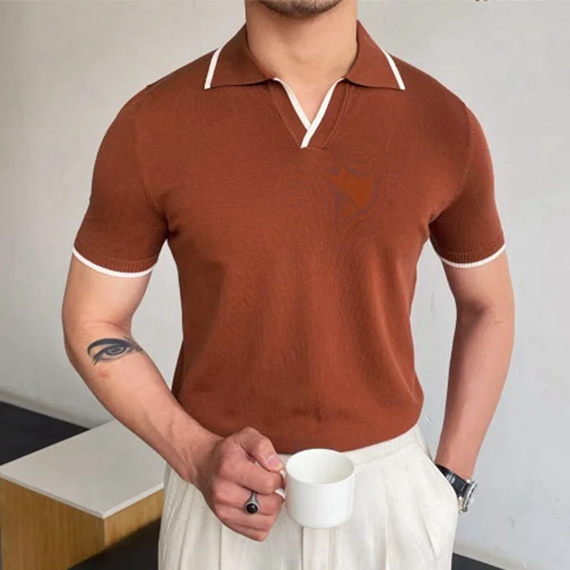 Casual Contrast Knitted Lapel Gentleman Polo Shirt