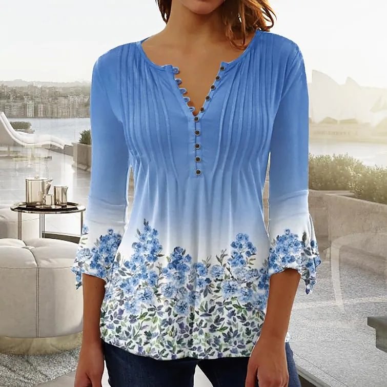 V-neck Three-quarter Sleeve Printed Button Waist T-shirt