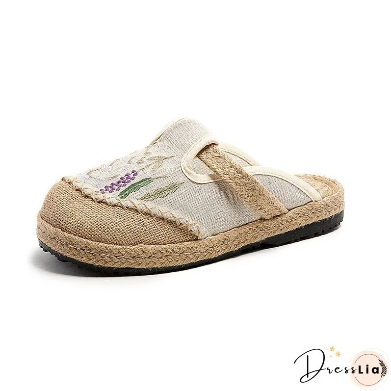 Summer New Ethnic Style Embroidered Slippers Women's Beef Tendon Bottom Cloth Shoes Women Hand-woven Linen Straw Shoes