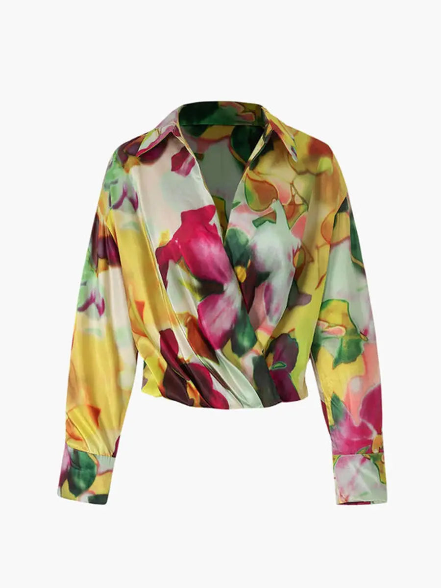 Turndown Collar Long Sleeve Floral Pattern Blouses