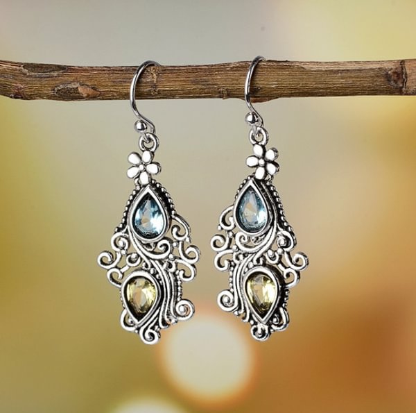 Women's earrings 925 silver creative flower drop pear-shaped earrings European and American retro sea blue topaz rhinestone angel wings earrings pendant jewelry - Shop Trendy Women's Fashion | TeeYours
