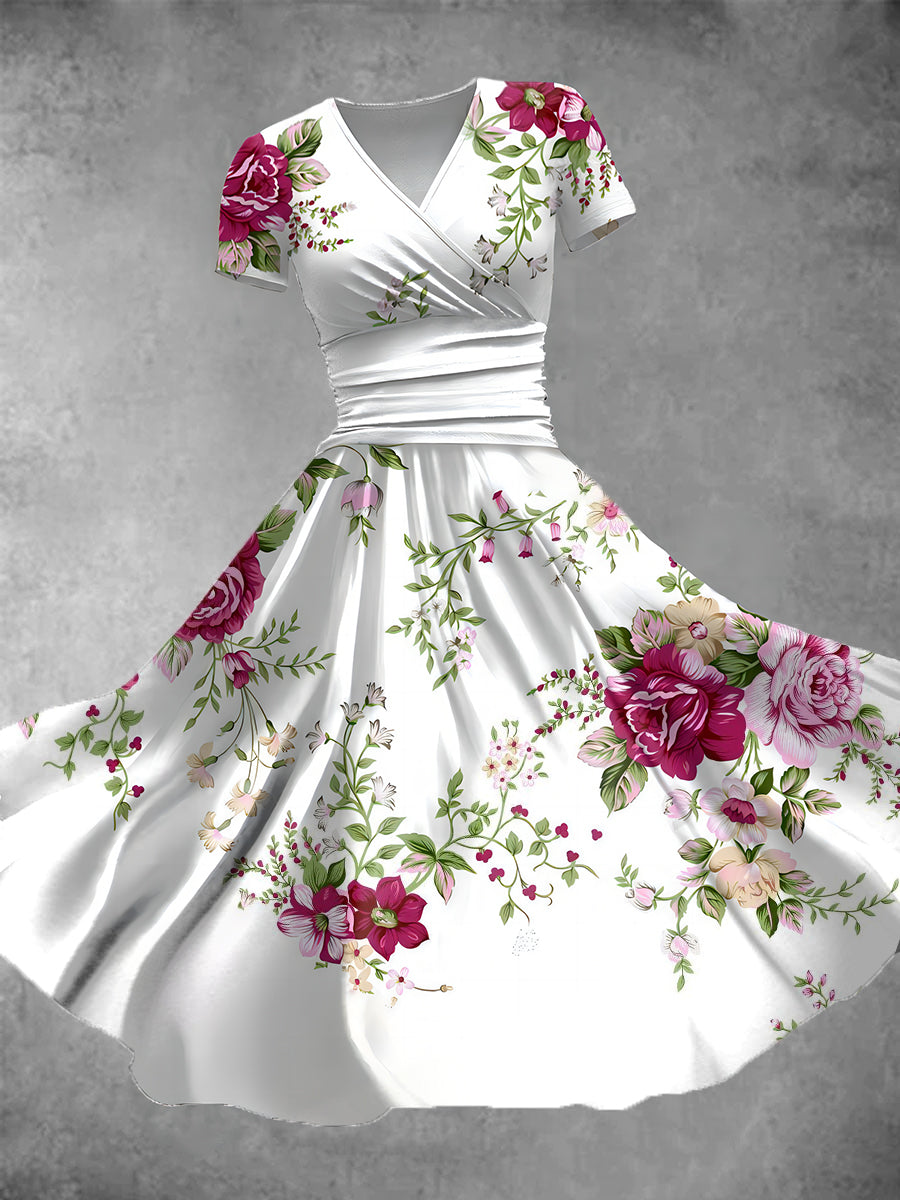 Floral Art Print V-Neck Short Sleeve Retro Midi Dress