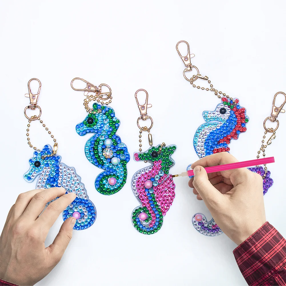 5pcs DIY Full Drill Special Shaped Diamond Painting Seahorse Keychain Craft