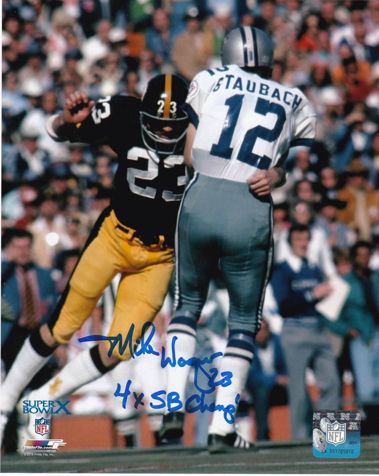 MIKE WAGNER PITTSBURGH STEELERS 4 X SB CHAMPS SACKING STAUBACH SIGNED 8x10