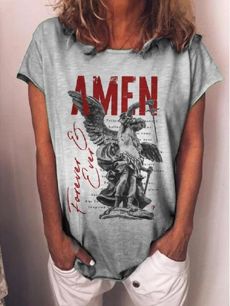 Grey Amen Letter Print Women's Round Neck T-Shirt 